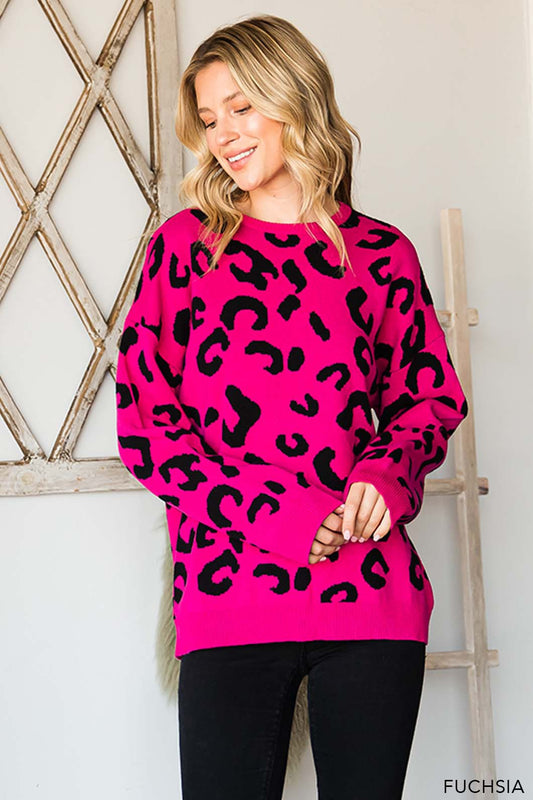 Cotton Bleu Leopard Fuchsia Sweater