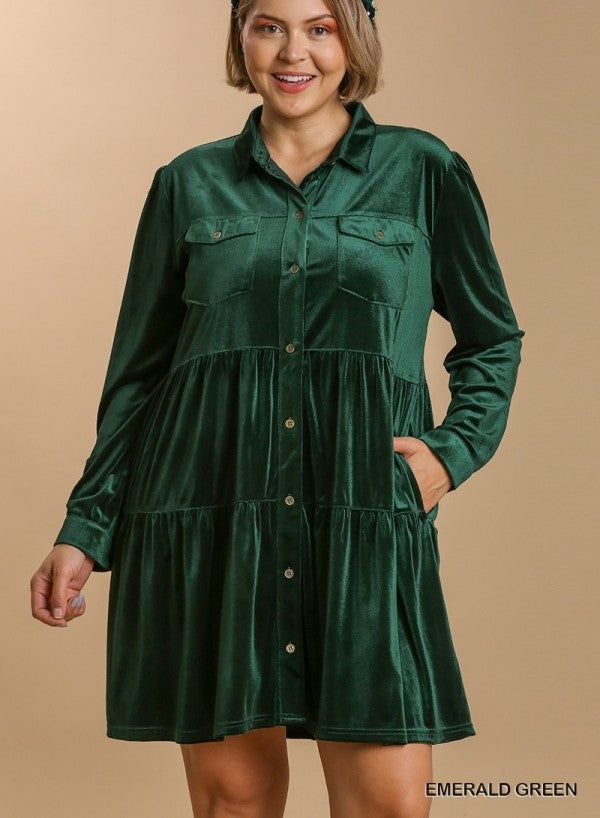 Umgee Velvet Collar Button Down Tiered Dress