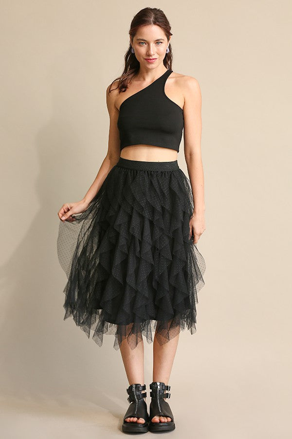 GiGio Ruffled Tulle Elastic Waist Midi Skirt