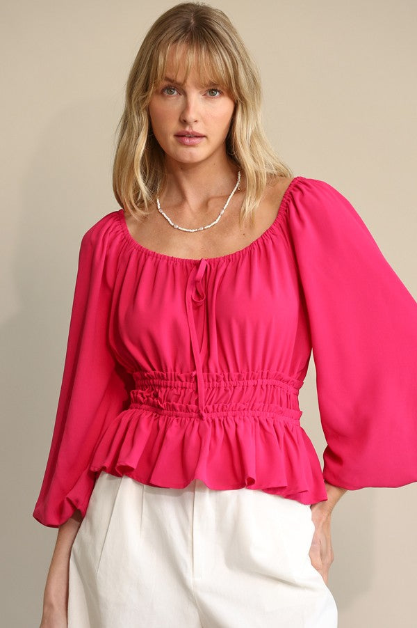Gigio Bubble Sleeve & Elastic Waist with Front Tie Top