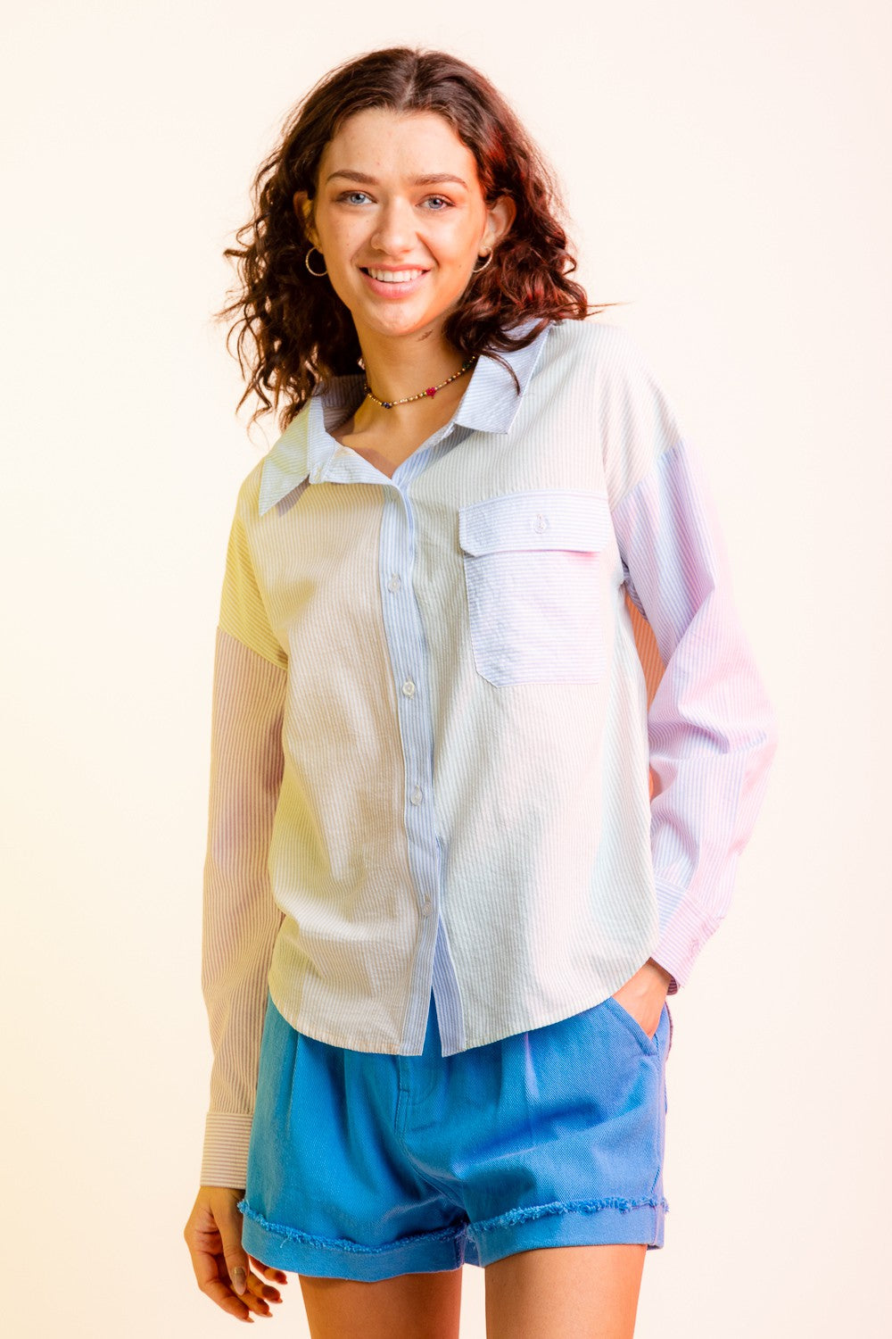 Very J Long Sleeve Color Block Striped Shirt M
