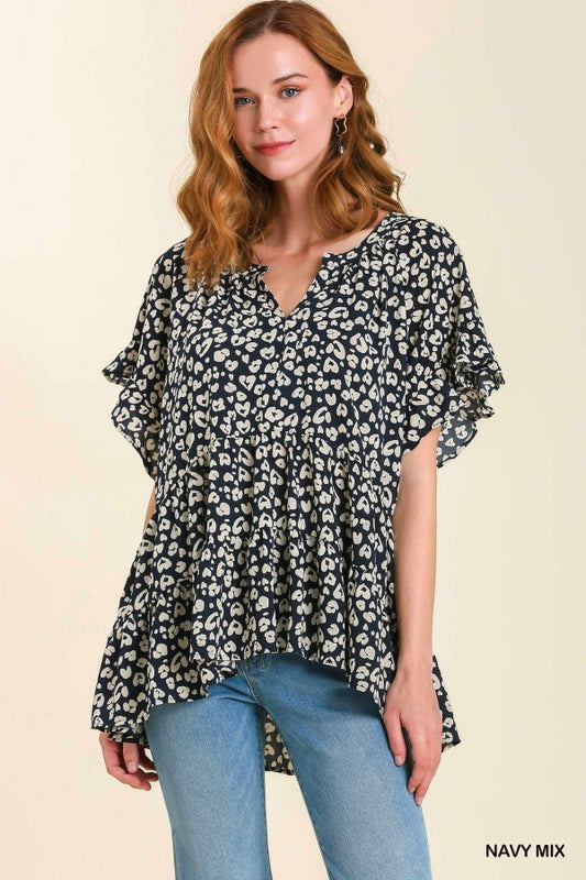 Umgee  Navy split neck high low baby doll top