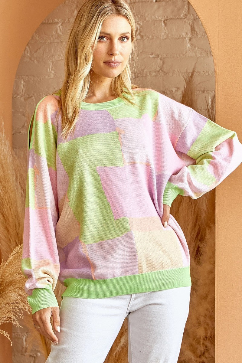 Color Block Neon Sweater With One Shoulder Bodice