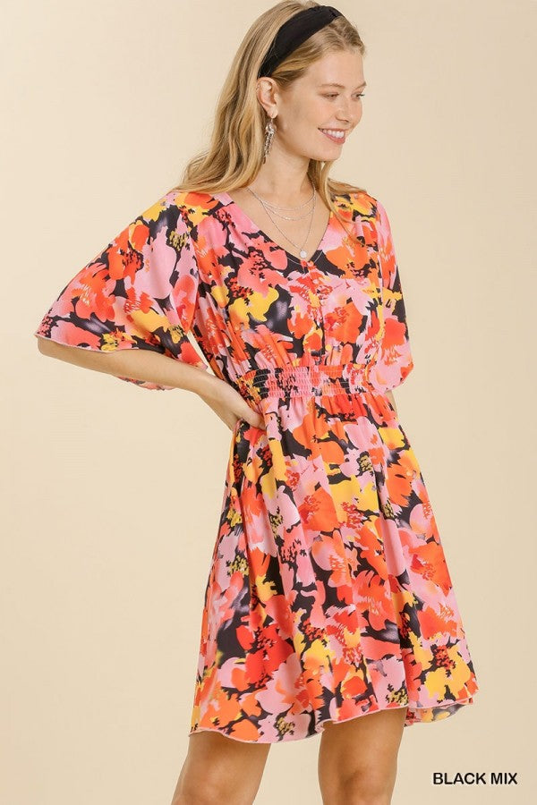 Umgee Mixed Print V-Neck  Dress With Ruffle Sleeves