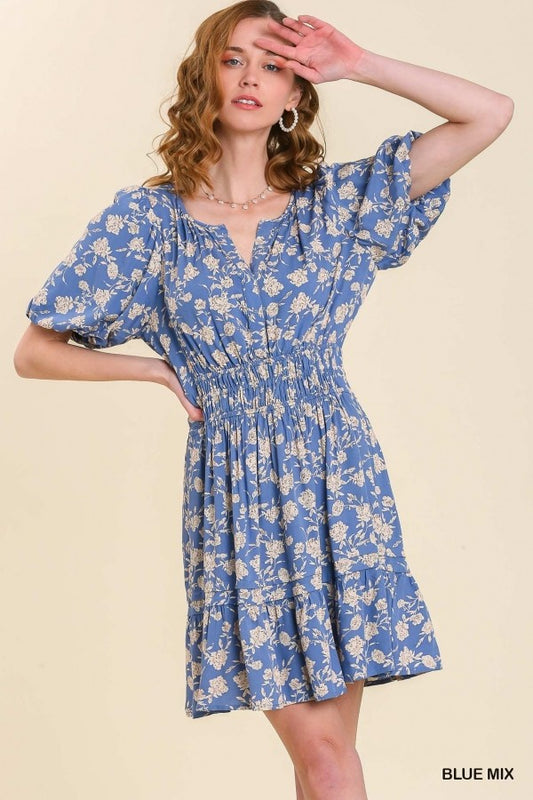 Umgee Split Neck Floral Puff Sleeve Dress with Smocked Waistband