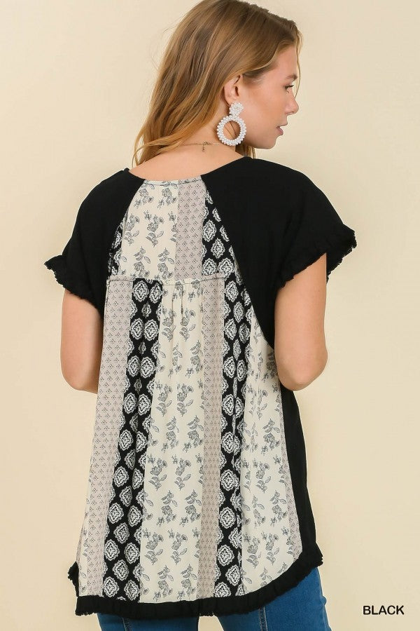 Umgee Linen Mixed Print back Frayed Hem Top