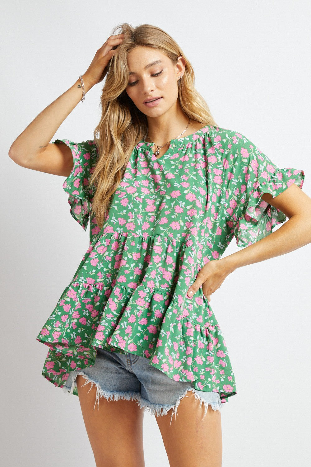 Davi & Dani Printed Smocked Top