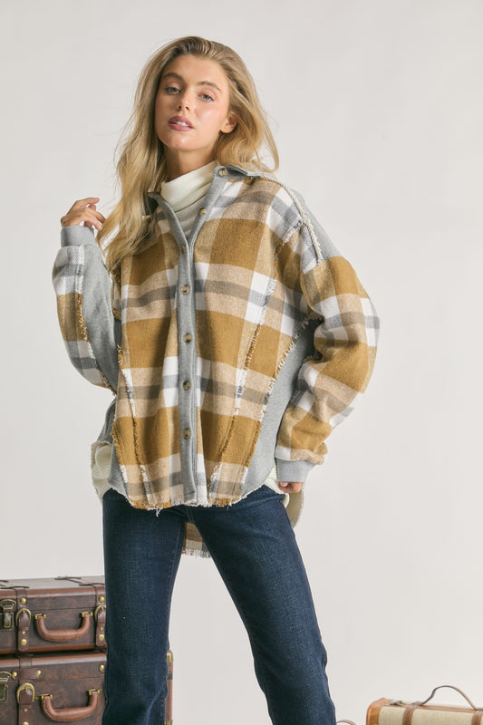 Davi & Dani Mixed Plaid Button Front Jacket