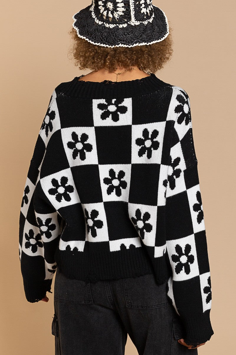 POL Flower Checker Board Distressed Sweater