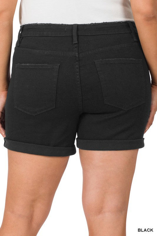 Zenana Black High-Rise Cuffed Shorts