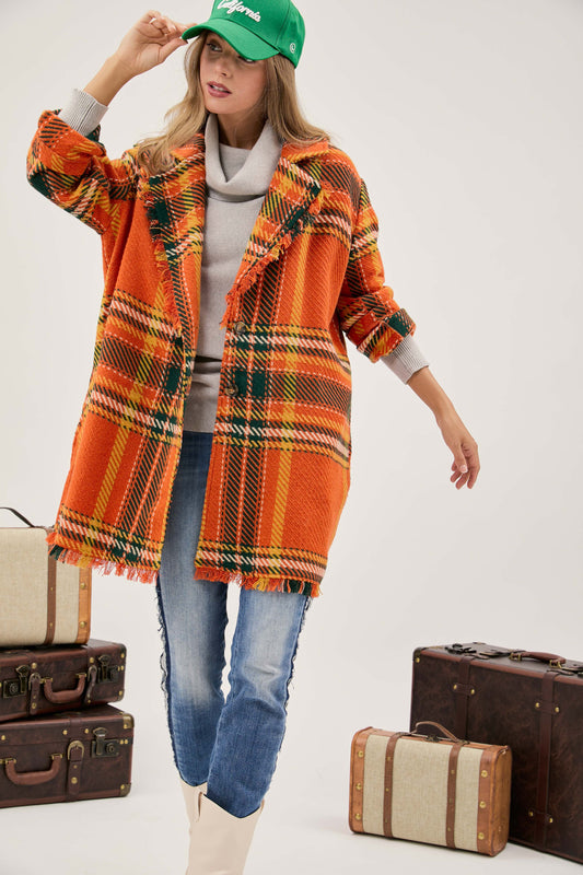 Davi & Dani Multi Plaid Button Front Jacket