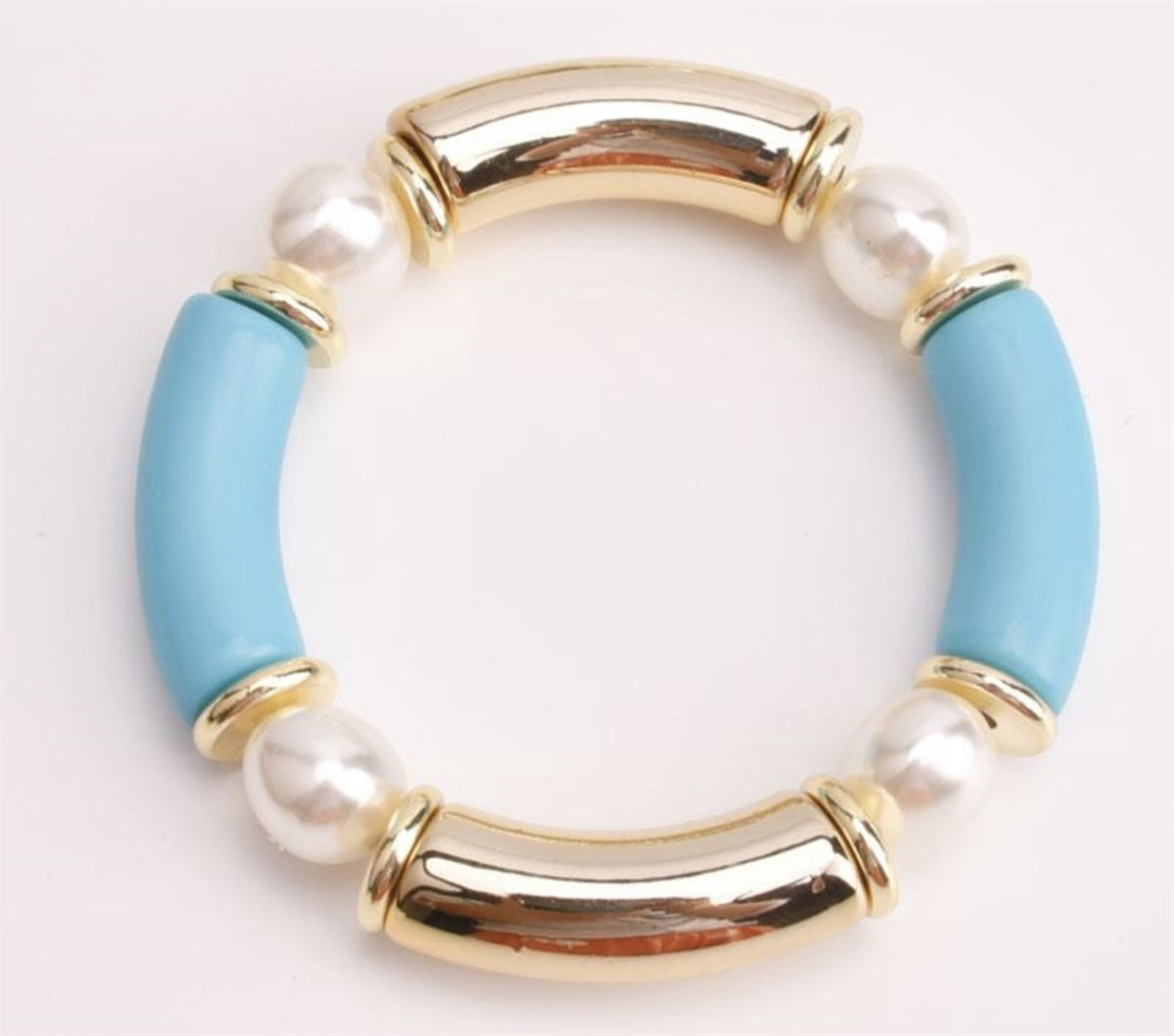 What's Hot Blue Pearl Bamboo Tube & Gold Stretch Bracelet