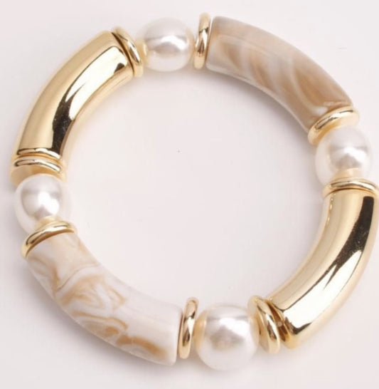 What's Hot Natural Pearl Bamboo Tube & Gold Stretch Braclet