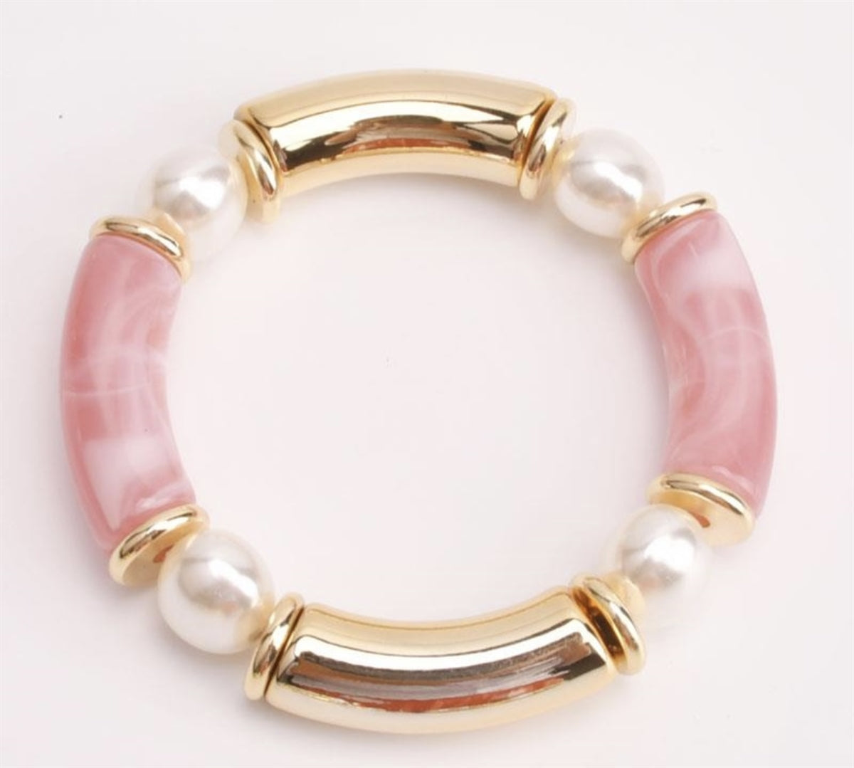 What's Hot  Pink Pearl Bamboo Tub & Gold Stretch Bracelet
