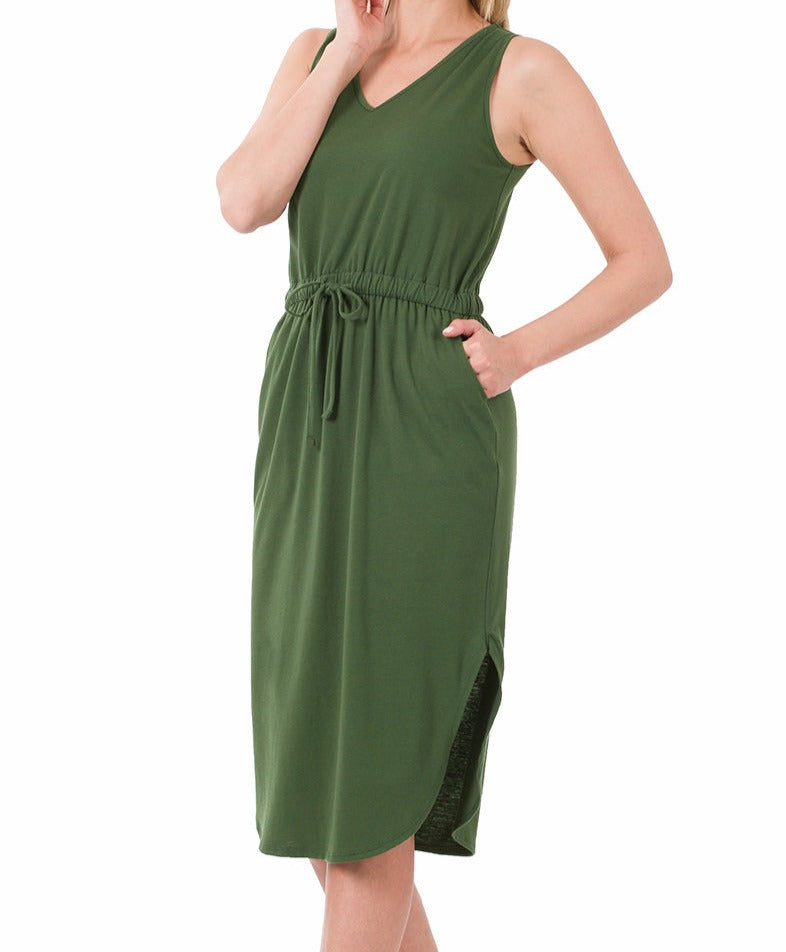 Zenana Drawstring Waist Curved Hem Dress