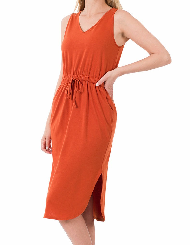 Zenana Drawstring Waist Curved Hem Dress