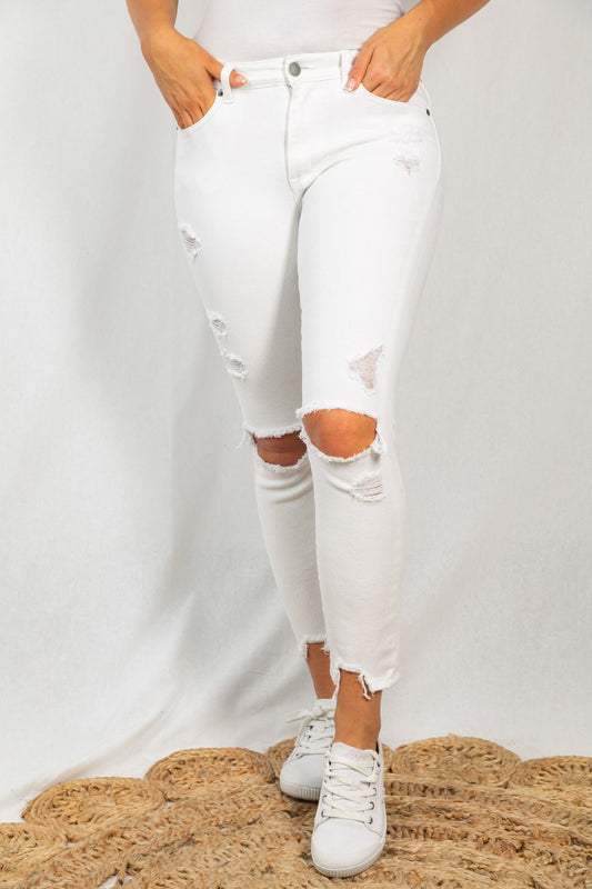 White Birch White Distressed Roll Up Jeans