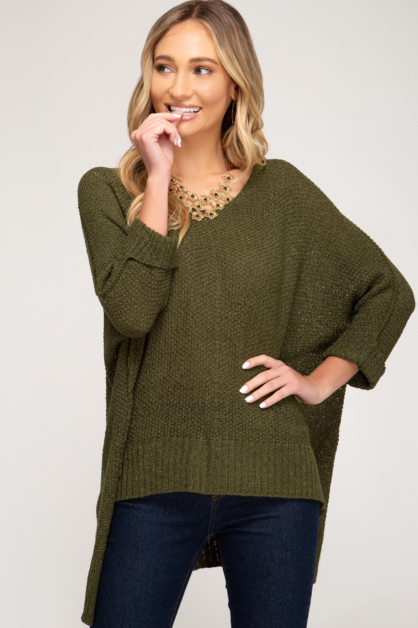 She + Sky 3/4 Sleeve Hi Low Knit Sweater