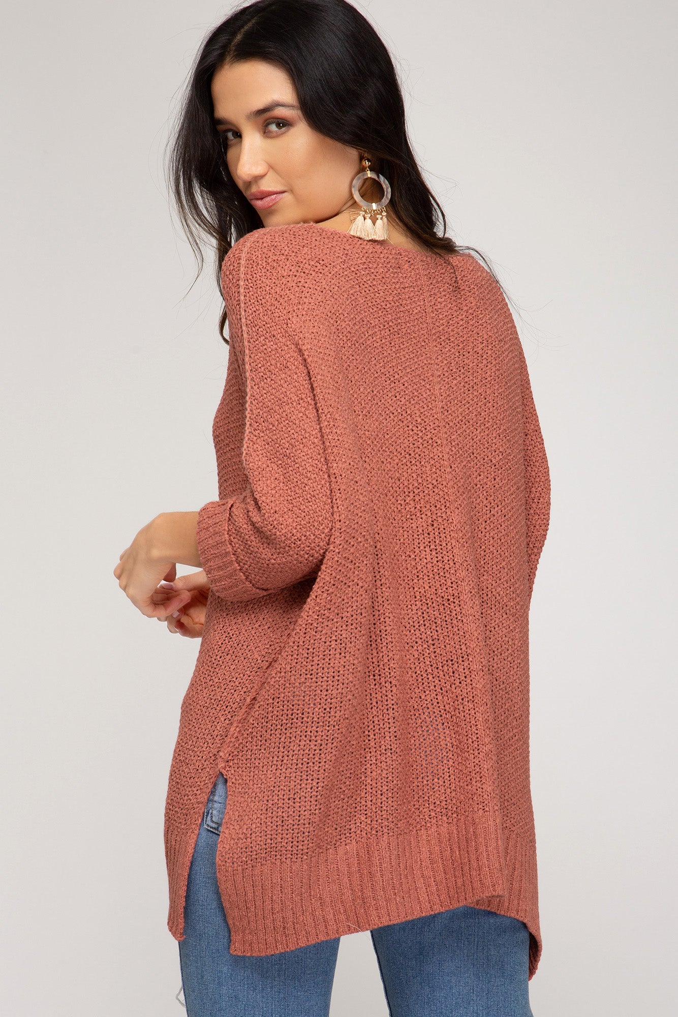 She + Sky 3/4 Sleeve Hi Low Knit Sweater