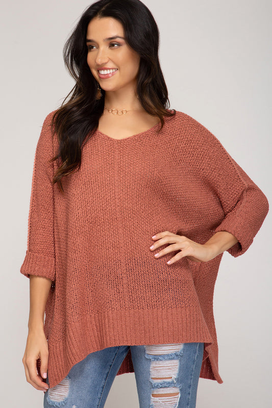 She + Sky 3/4 Sleeve Hi Low Knit Sweater
