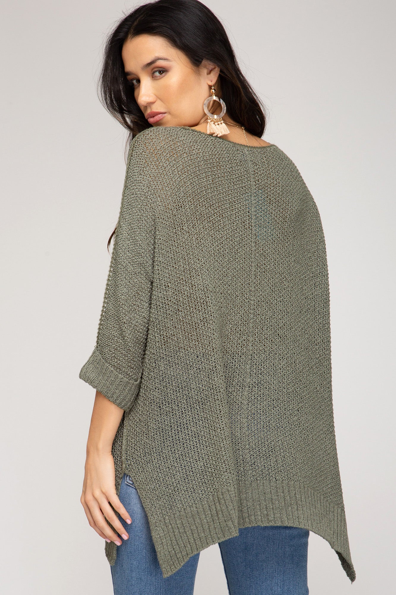She + Sky 3/4 Sleeve Hi Low Knit Sweater