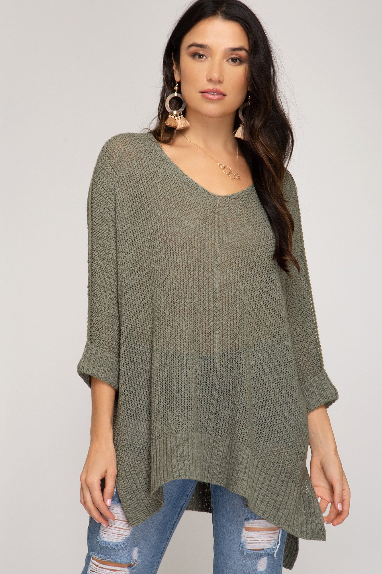 She + Sky 3/4 Sleeve Hi Low Knit Sweater