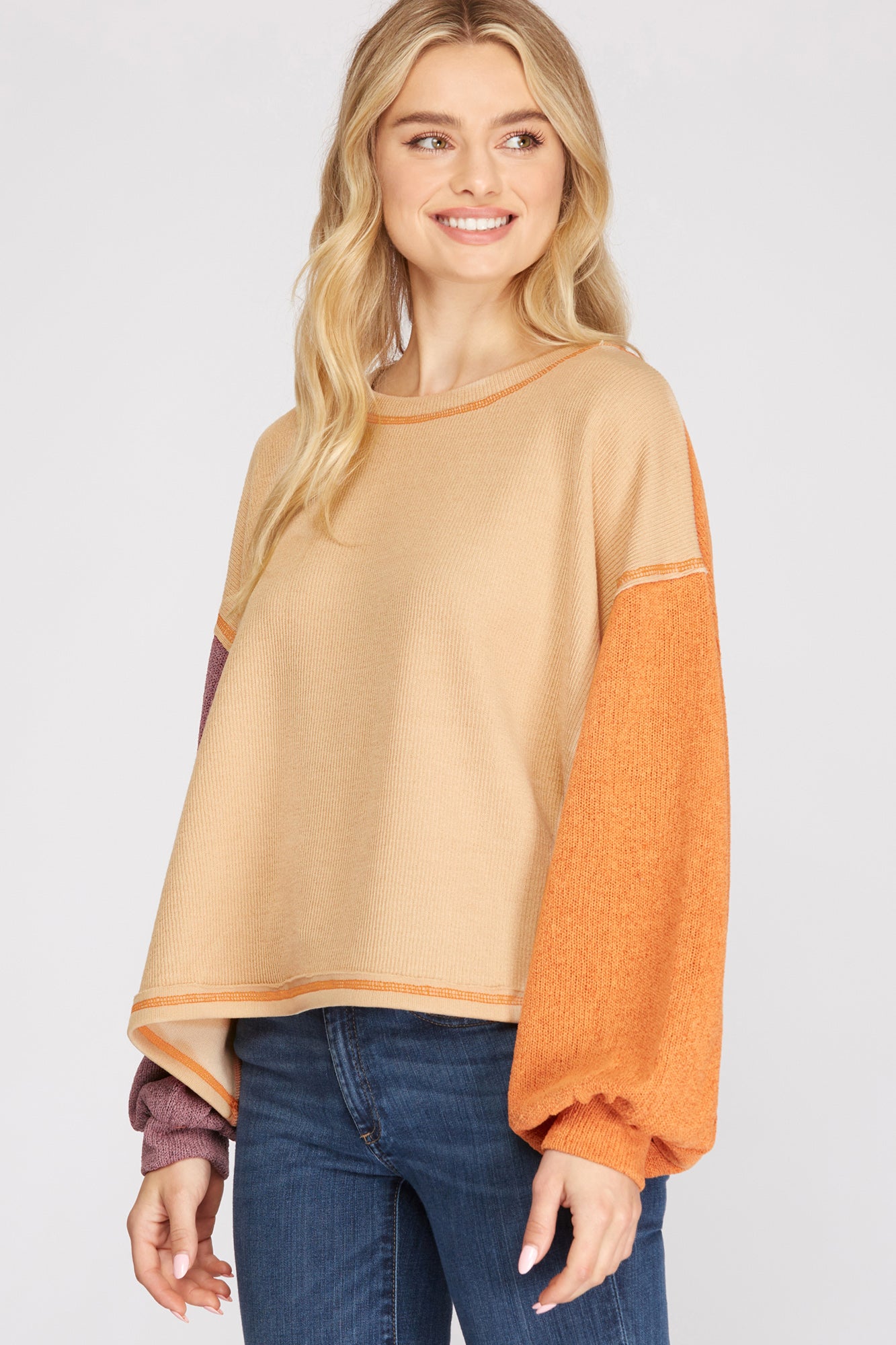 She + Sky Long Sleeve Color Block Knit Pullover