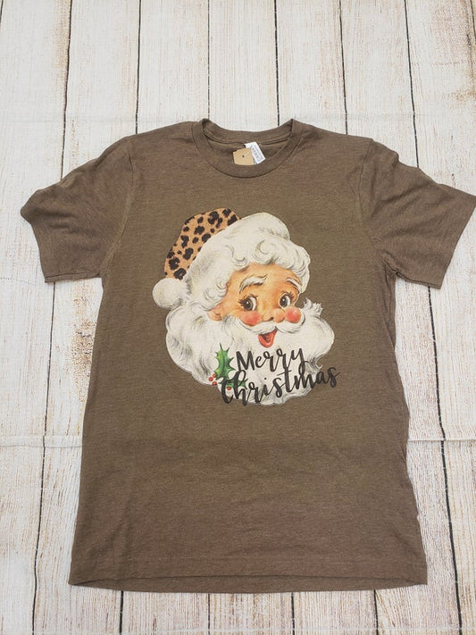 Bella Canvas Retro Santa Graphic TeeLeopard Hat Retro Santa Graphic on a Heather Brown Bella Canvas Tee
52% Cotton 
48%Polyester