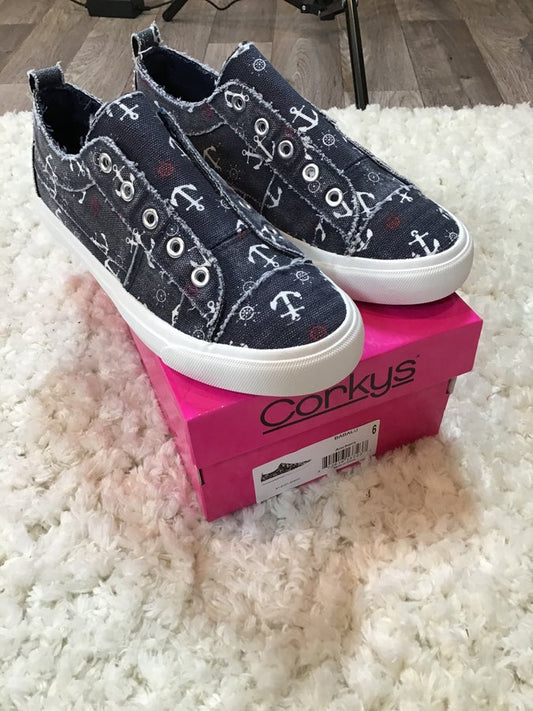 Corkys Babalu AnchorsDistressed Navy  Blue Canvas Shoes  with anchors!
These are the PERFECT Nautical Canvas Shoe!