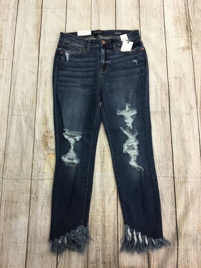 Judy Blue Destroyed Ankle JeansMedium/dark wash distressed jean. Stretchy with destroyed fringe bottoms