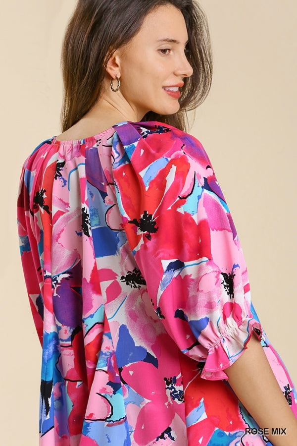 Umgee Floral Print 3/4 Sleeve Top