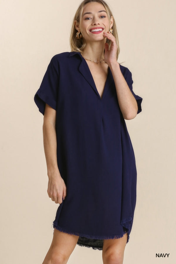 Umgee Linen V-Neck Collared Dress