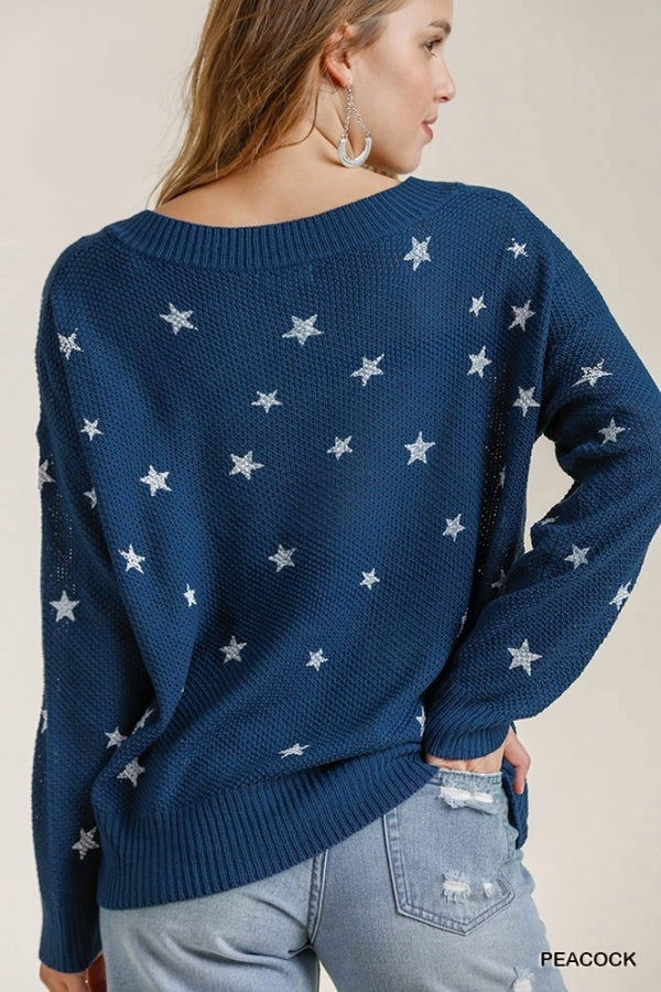 Umgee Star Print V-Neck Sweater