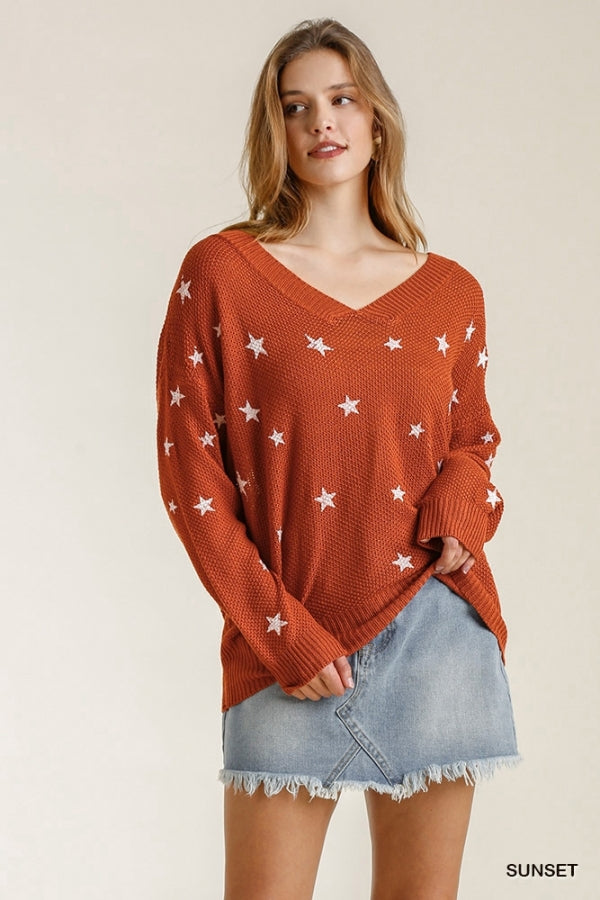 Umgee Star Print V-Neck Sweater