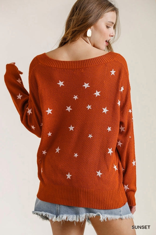 Umgee Star Print V-Neck Sweater