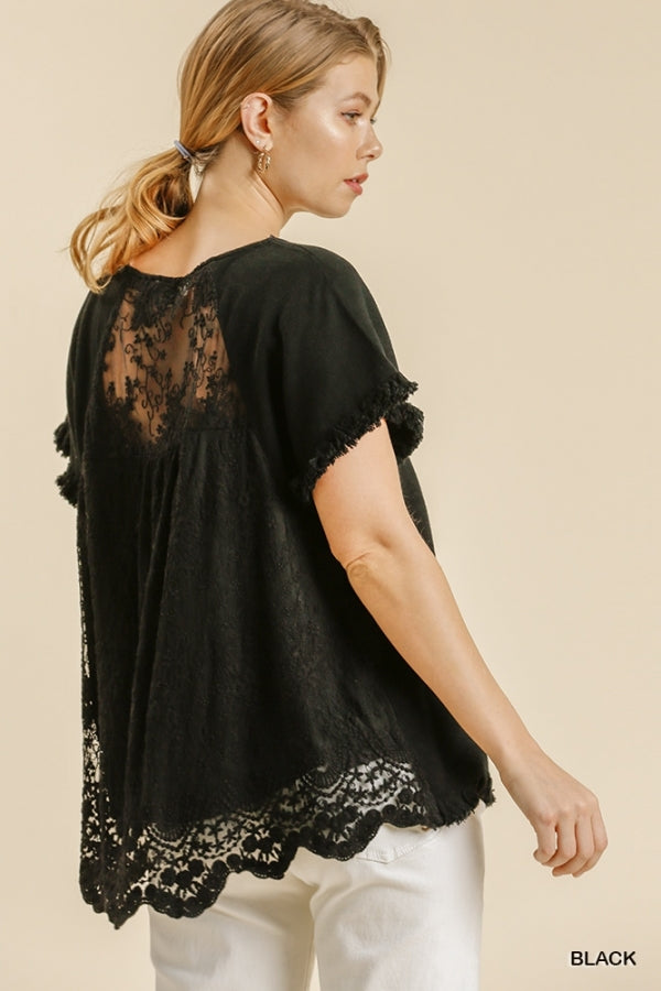 Umgee Linen Back Lace Detail with Ruffle Hem