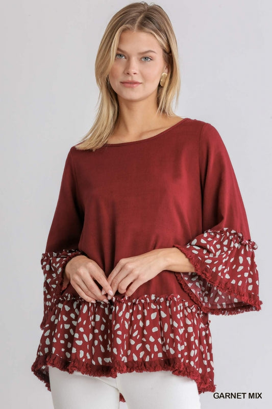 Umgee Linen Blend Animal Print Top with Frayed Hem