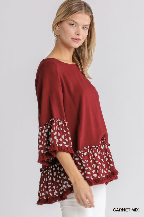 Umgee Linen Blend Animal Print Top with Frayed Hem