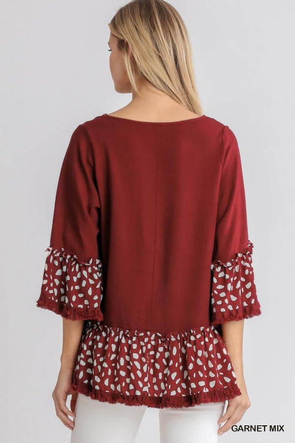 Umgee Linen Blend Animal Print Top with Frayed Hem
