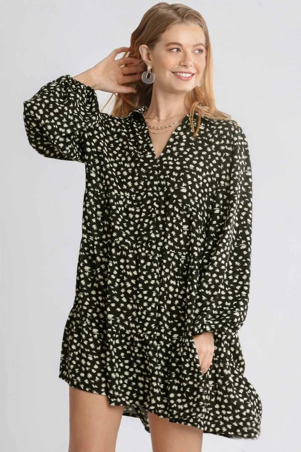 Umgee Animal Print Collar Button Front Long Sleeve Tiered Dress