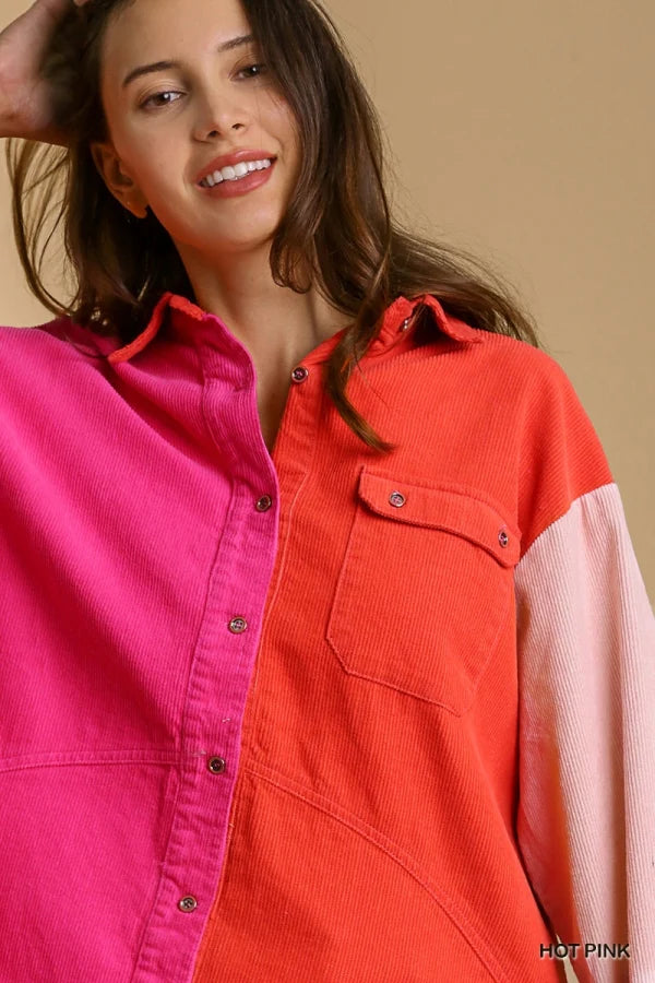 Umgee Corduroy Colorblock Button Down Jacket