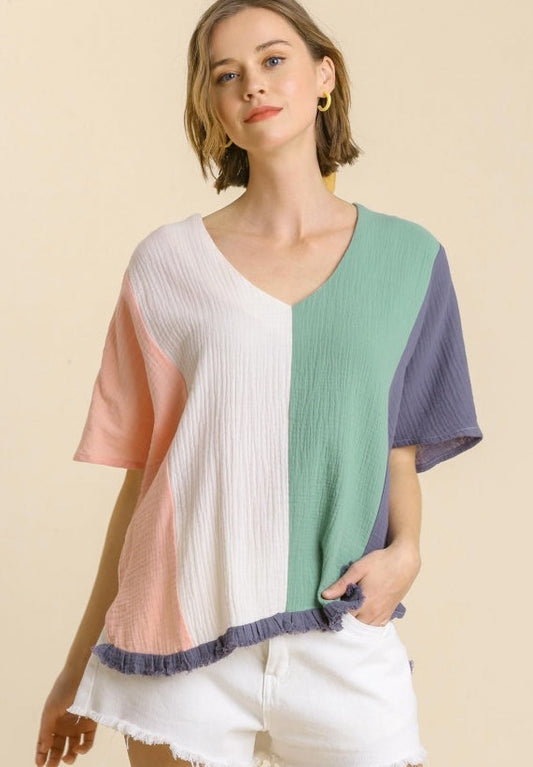 Umgee Colorblock V-Neck Gauze Top