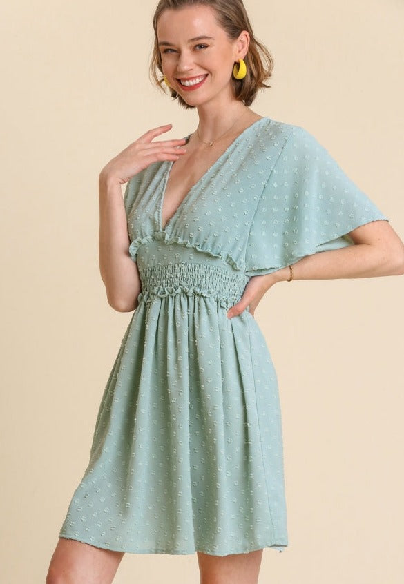 Umgee Woven Smocked V-Neck Tiered Dress