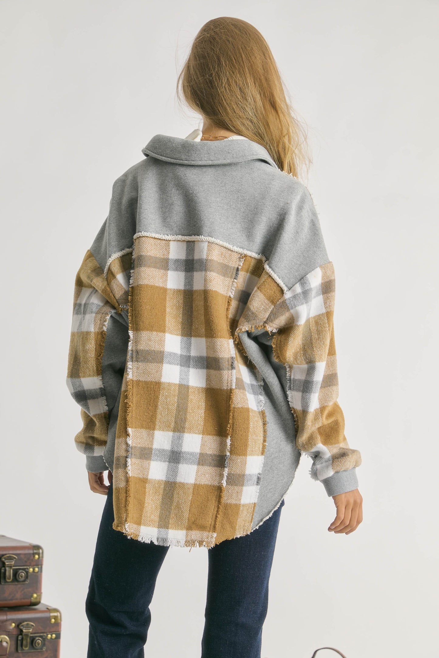 Davi & Dani Mixed Plaid Button Front Jacket