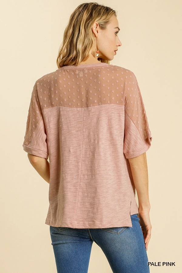 Umgee Polka Dot Detail Round Neck Top