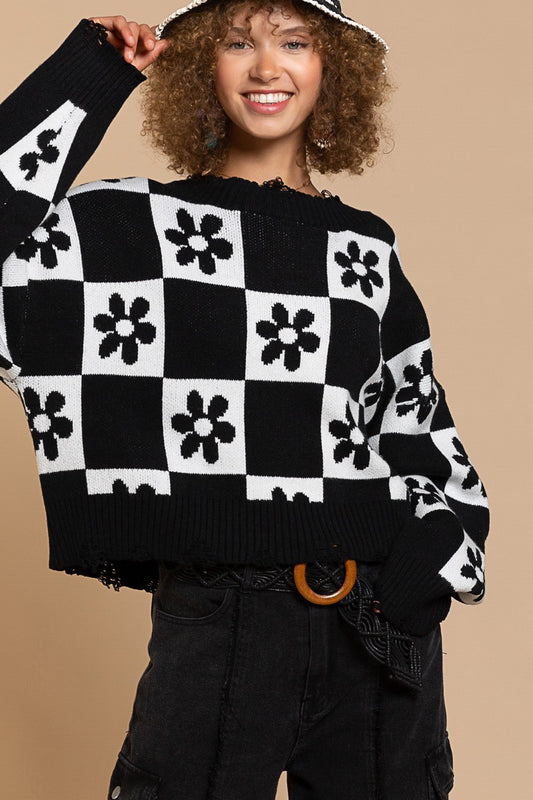 POL Flower Checker Board Distressed Sweater