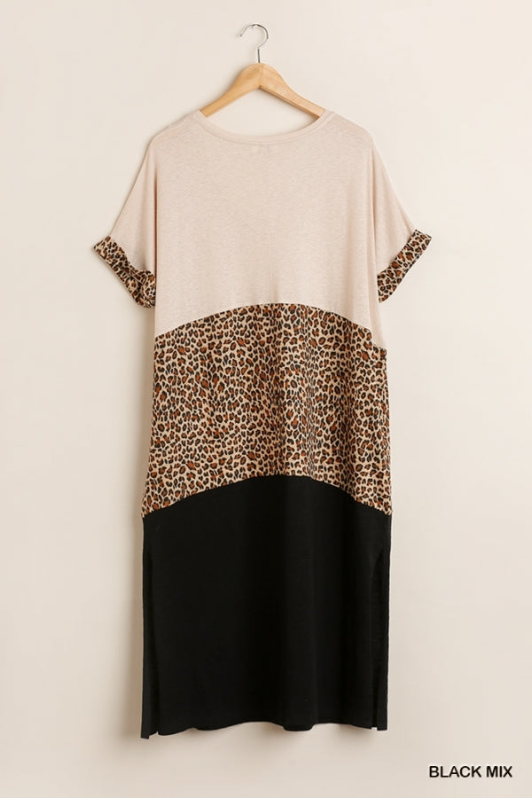 Umgee Linen Blend Animal Print Colorblock Dress S / Black Umgee Linen Blend Animal Print Colorblock Dress S / Black