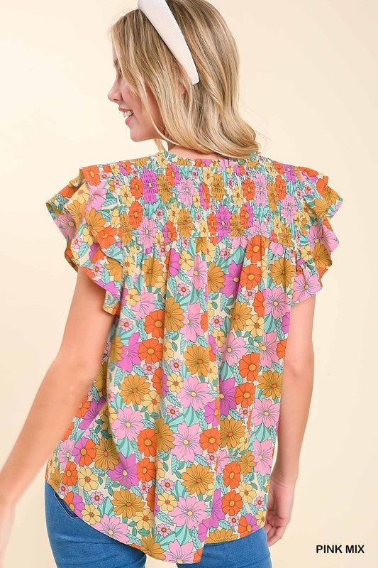 Umgee Split Neck Smocked Floral Print Ruffle Sleeve Top