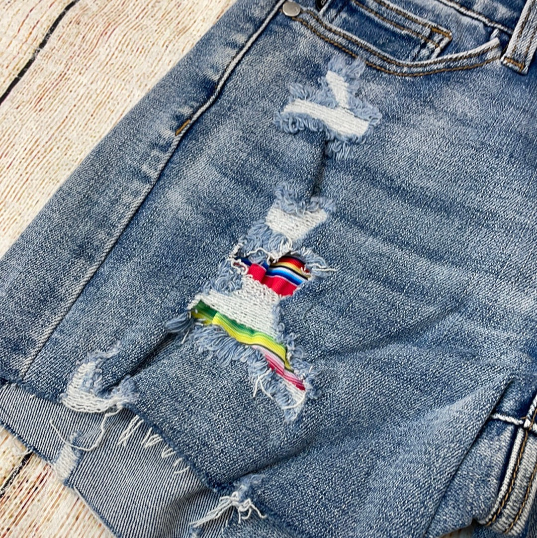 Judy Blue Mid-Rise Serape Patch Destroyed Shorts