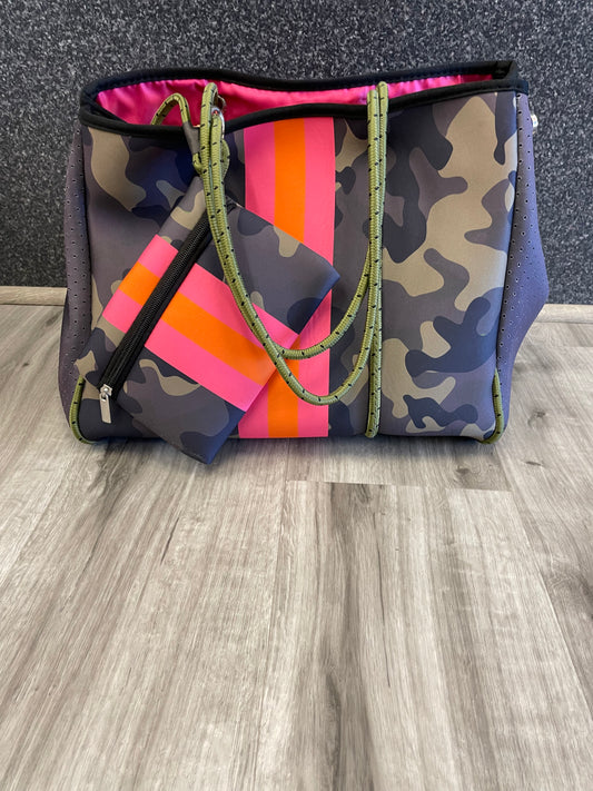 Neoprene Camo Neon Stripe Tote